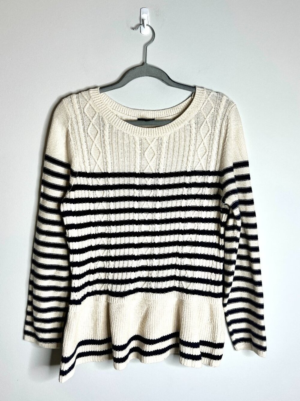 Talbots Cable Knit Navy Striped Crew Neck Fisherman Sweater Peplum Hem Sz 1X